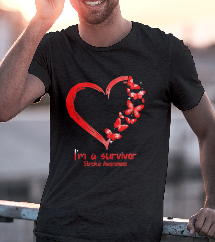 I'm A Survivor Stroke Awareness Heart And Red Butterflies T-Shirt