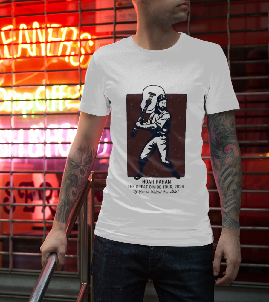 Noah Kahan The Great Divide Tour 2026 If You're Willin' I'm Able Baseball Player With Guitar T-Shirt
