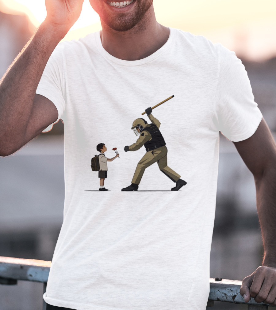 Bloom Under Fire: Child Offering Flower To Armed Officer T-Shirt
