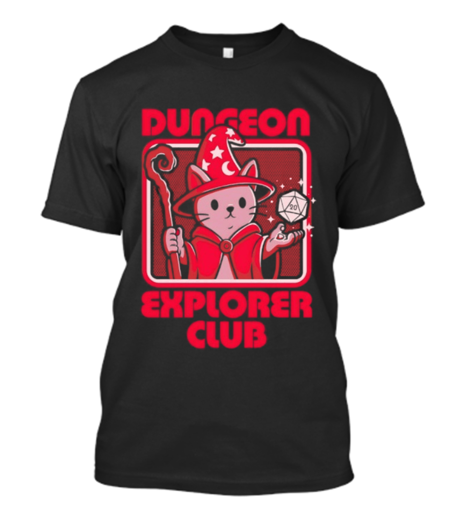 Dungeon Explorer Club Wizard Cat With D20 Dice Magic Wand T-Shirt