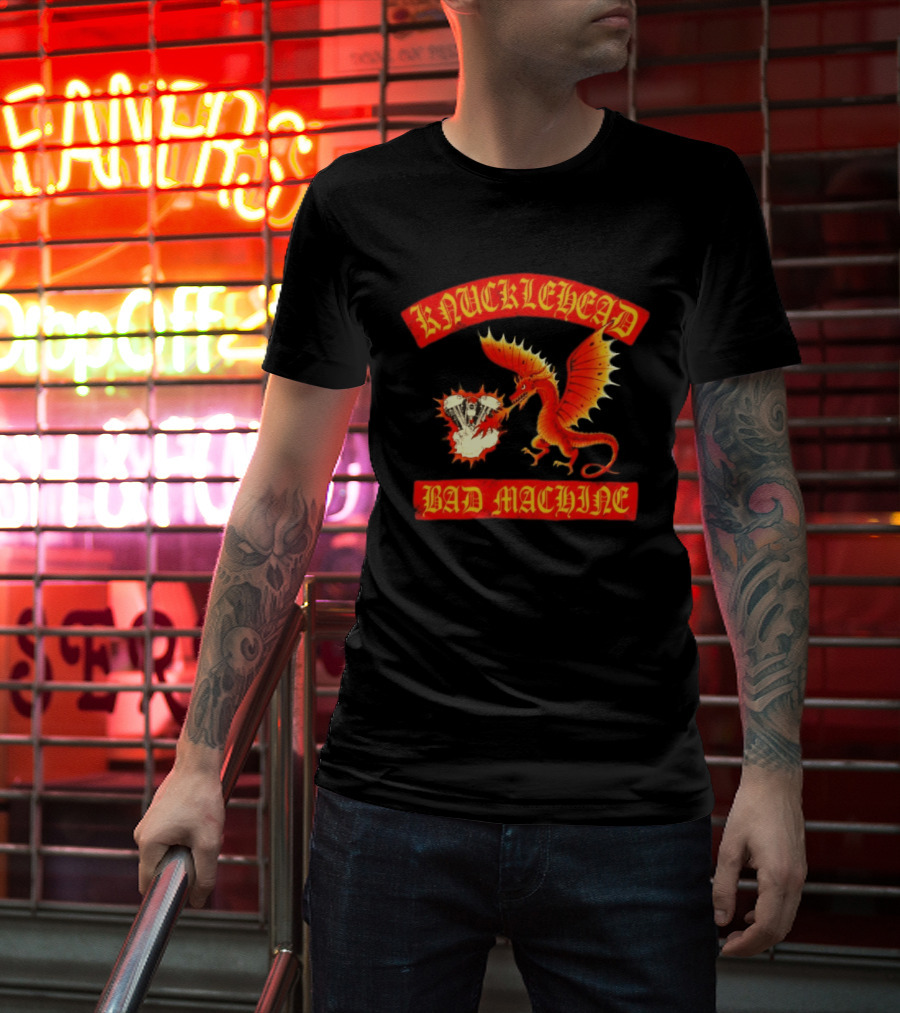 Knucklehead Bad Machine Dragon Motorcycle Engine Fire Breathing T-Shirt
