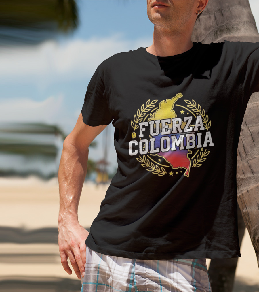 Fuerza Colombia Map Yellow Blue Red Laurel And Stars T-Shirt