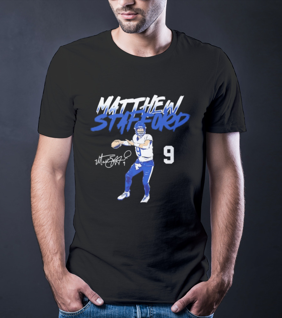 Matthew Stafford 9 Autograph Los Angeles Rams Quarterback Action Pose T-Shirt