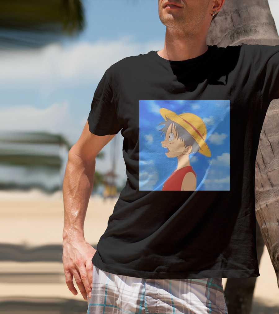 Monkey D Luffy Sky Gazing Red Vest Yellow Straw Hat Anime Scene Clouds Blue Sky T-Shirt