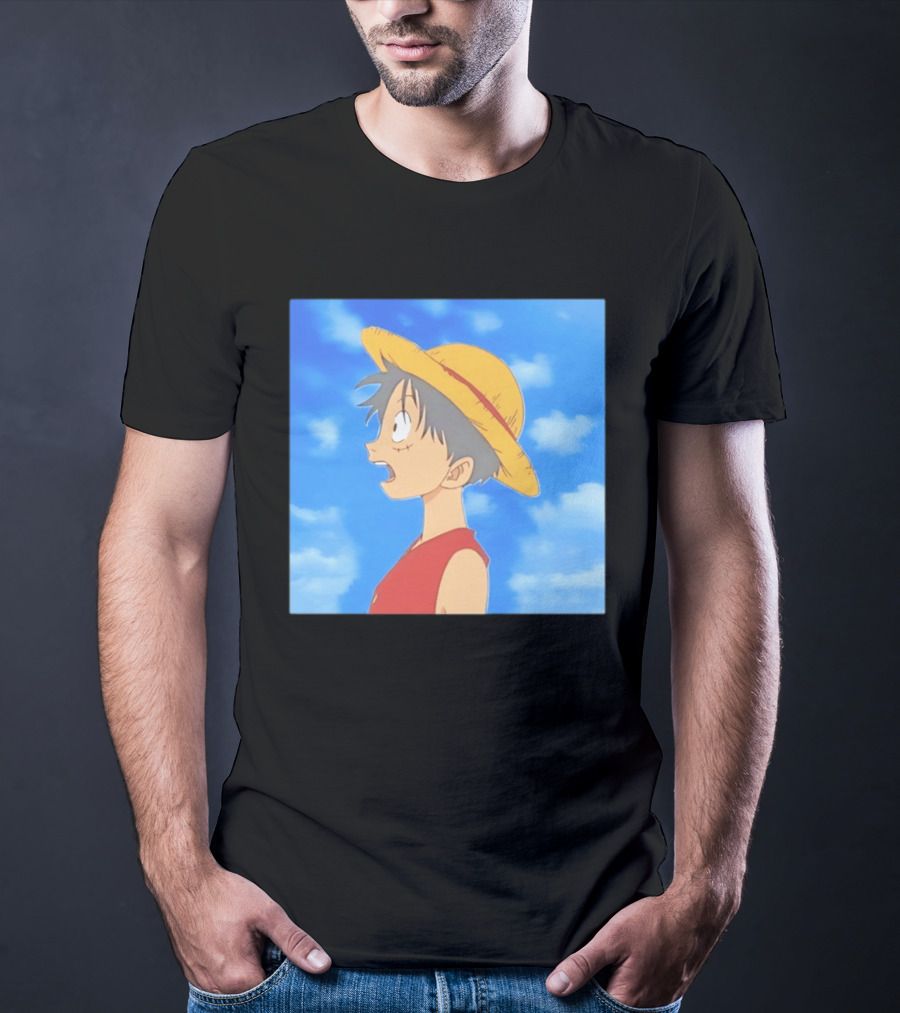 Monkey D Luffy Sky Gazing Red Vest Yellow Straw Hat Anime Scene Clouds Blue Sky T-Shirt