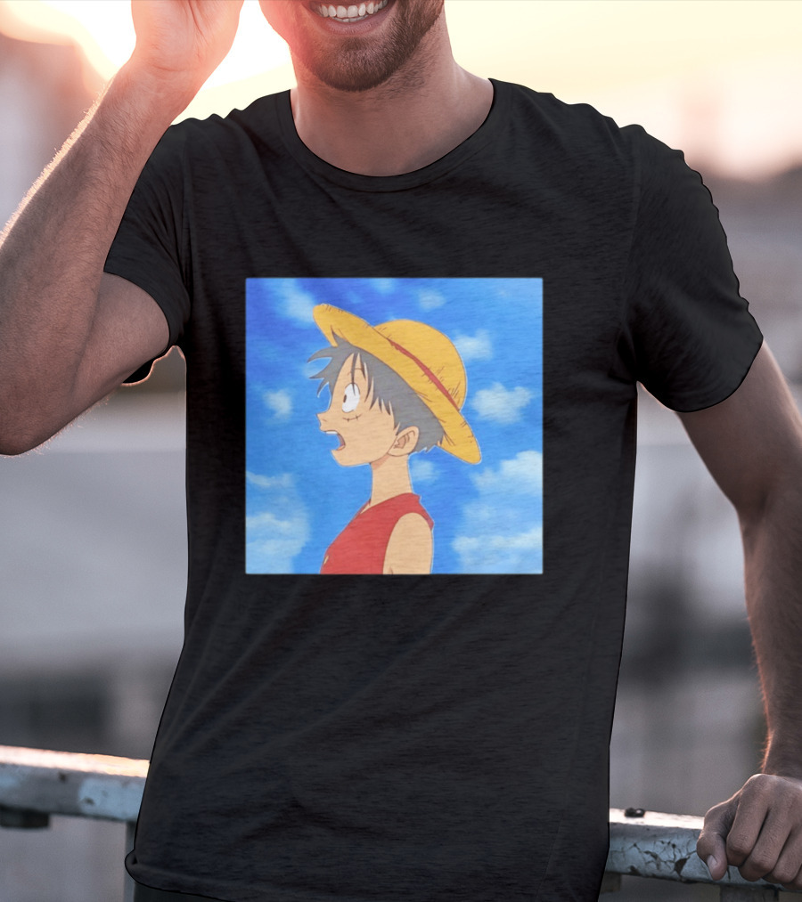 Monkey D Luffy Sky Gazing Red Vest Yellow Straw Hat Anime Scene Clouds Blue Sky T-Shirt