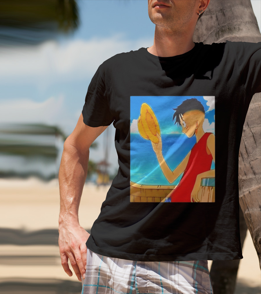 One Piece Luffy Taper Fade Anime Manga Straw Hat Ocean Scene T-Shirt