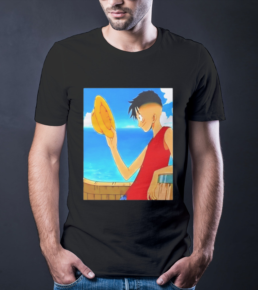 One Piece Luffy Taper Fade Anime Manga Straw Hat Ocean Scene T-Shirt