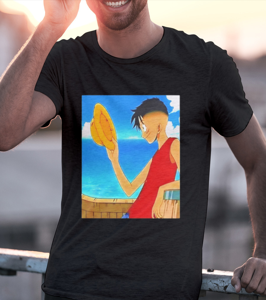 One Piece Luffy Taper Fade Anime Manga Straw Hat Ocean Scene T-Shirt