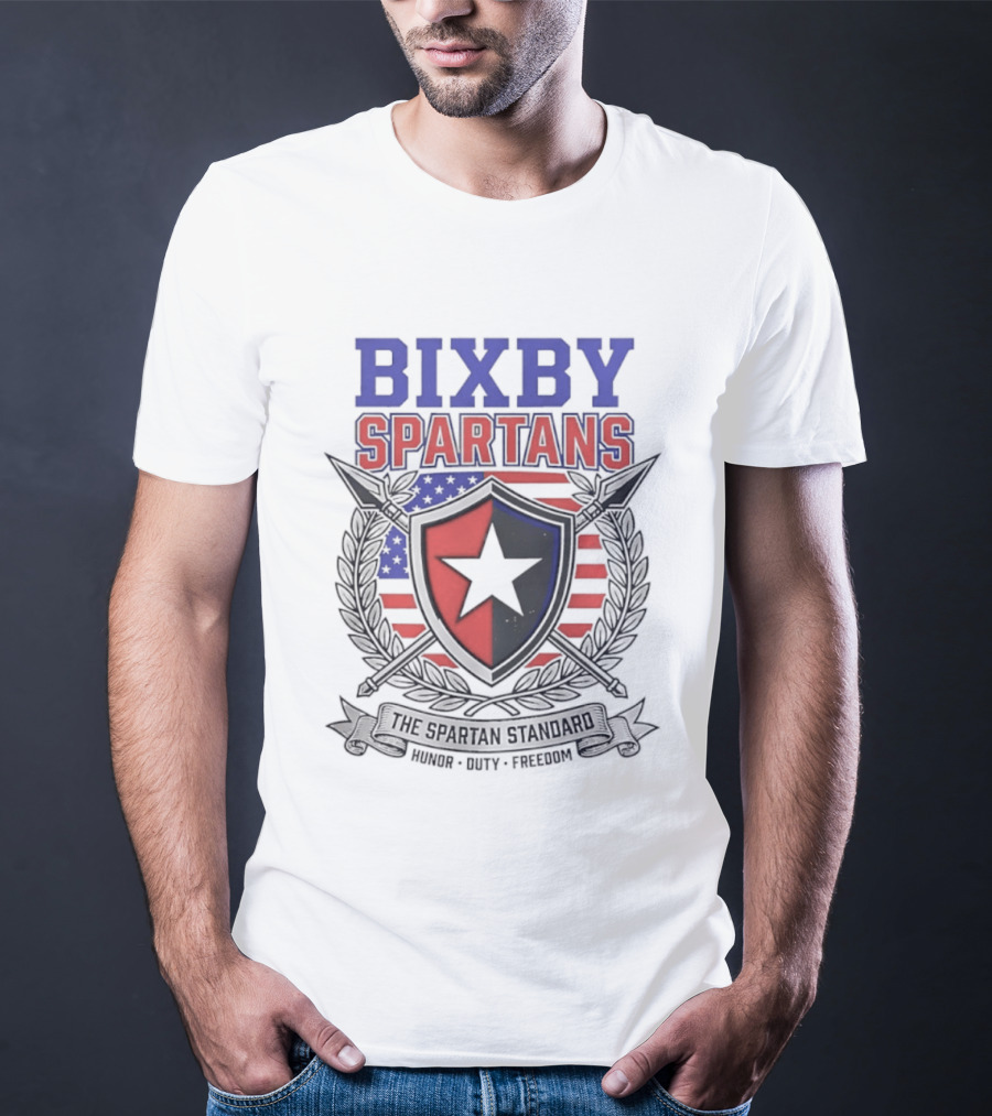 Bixby Spartans Honor Duty Freedom American Flag Shield T-Shirt