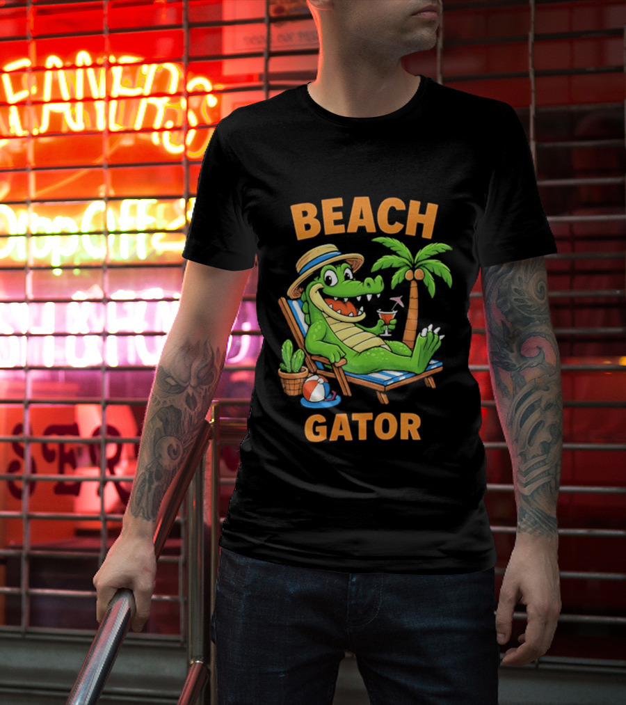 Beach Gator Tropical Alligator Vacation Relaxing With Cocktail Palm Tree T-Shirt