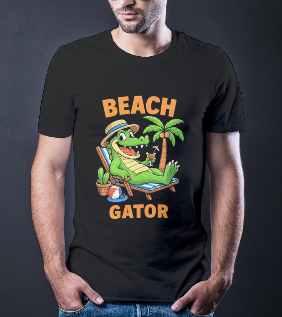 Beach Gator Tropical Alligator Vacation Relaxing With Cocktail Palm Tree T-Shirt