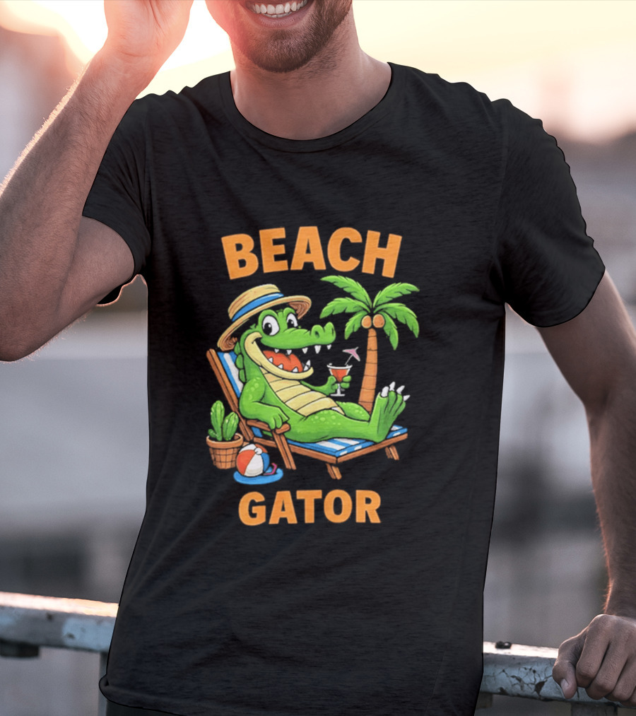 Beach Gator Tropical Alligator Vacation Relaxing With Cocktail Palm Tree T-Shirt