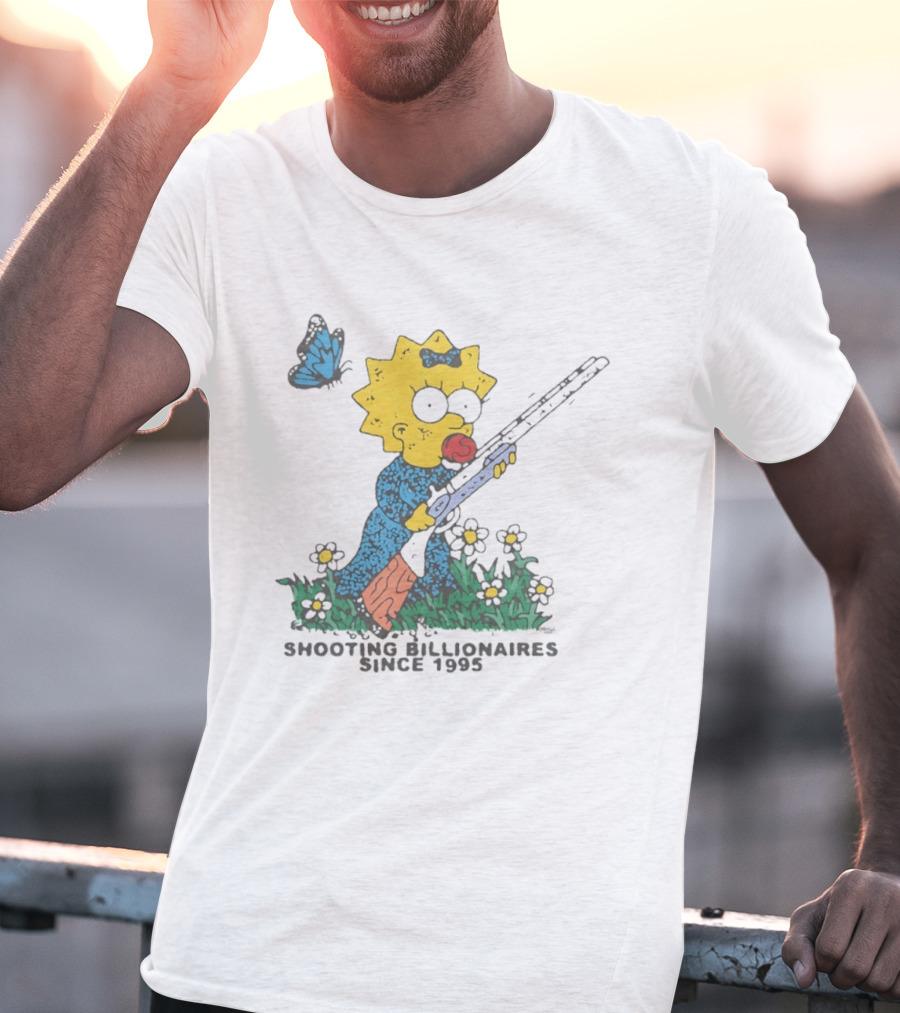 Maggie Simpson Shooting Billionaires Butterfly And Flowers Since 1995 T-Shirt