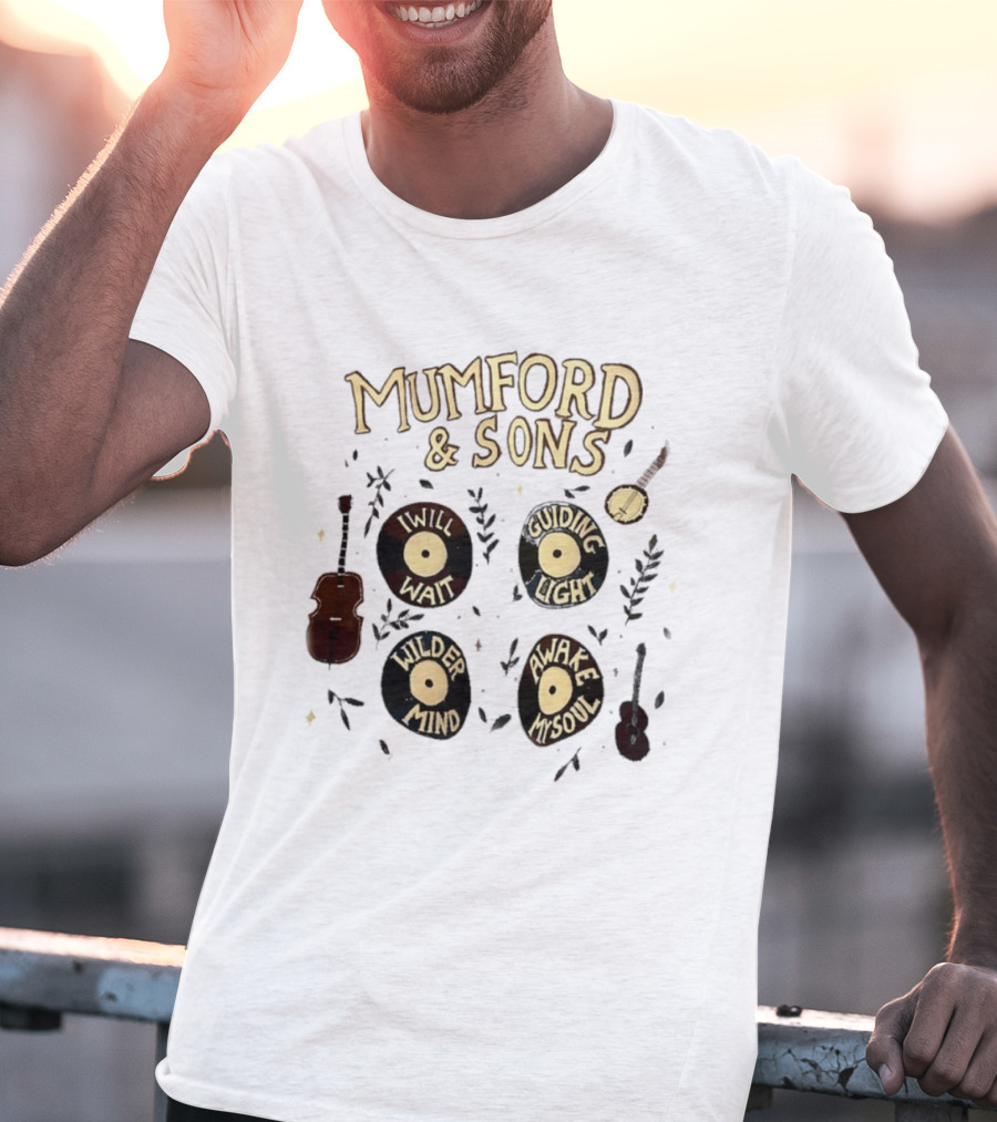 Mumford And Sons I Will Wait Guiding Light Wilder Mind Awake My Soul Vinyl Record Banjo Guitar T-Shirt