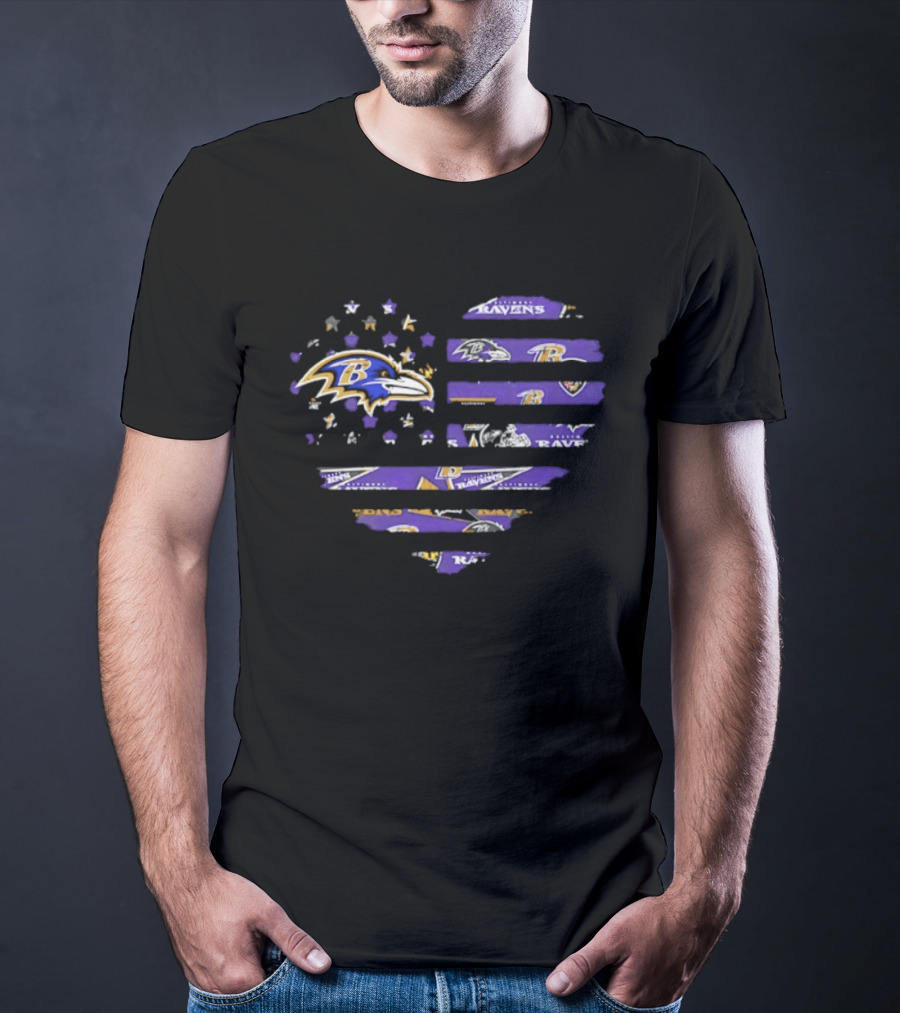 Baltimore Ravens 2026 Season American Flag Heart Ravens Logo Stars Stripes T-Shirt
