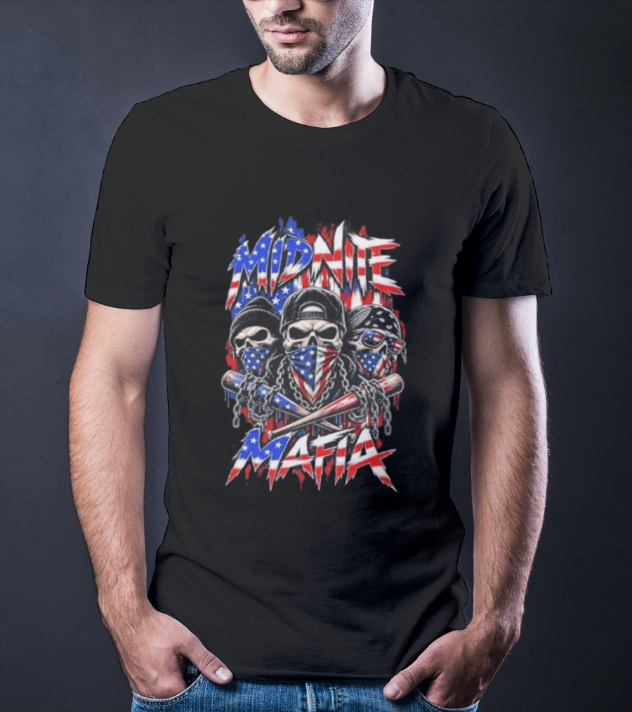 Midnite Mafia Skulls American Flag Bandanas Baseball Bats Chains T-Shirt