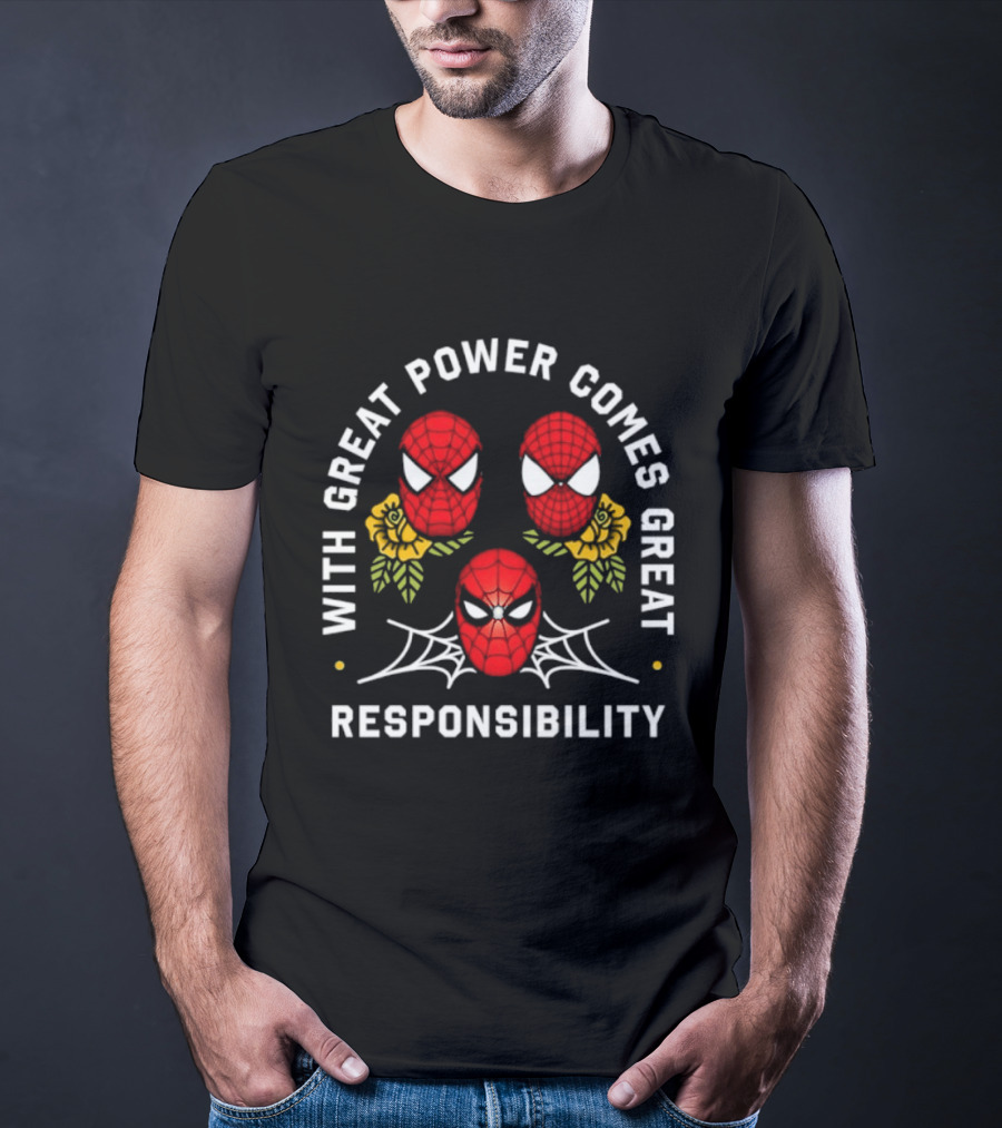 With Great Power Comes Great Responsibility Spider Man Masks Webs Flowers T-Shirt
