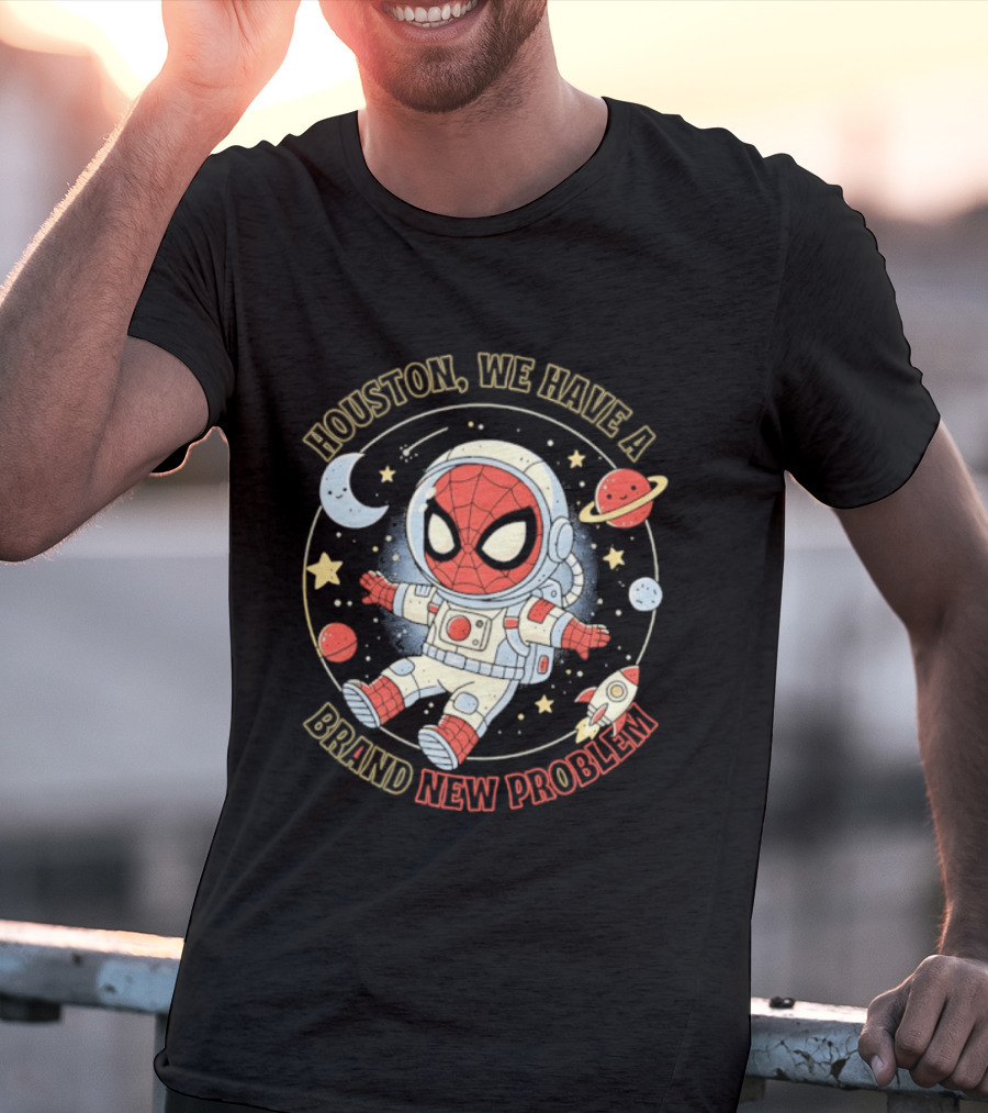Houston We Have A Brand New Problem Spider Man Astronaut Moon Stars Planets T-Shirt