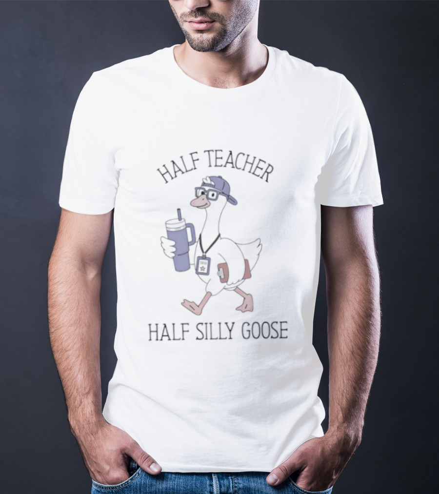Half Teacher Half Silly Goose Funny Cartoon Duck With Coffee And School Supplies T-Shirt