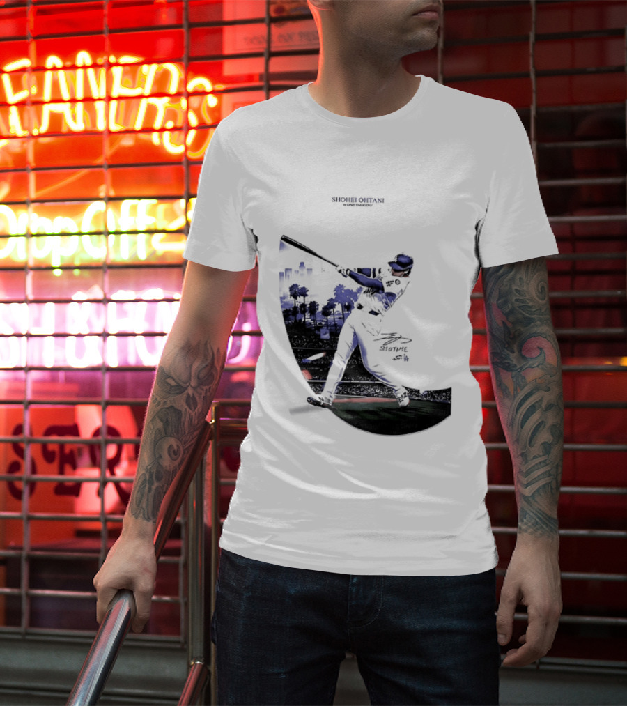 Shohei Ohtani 17 Los Angeles Angels MLB Slugger Swing Two Sided T-Shirt