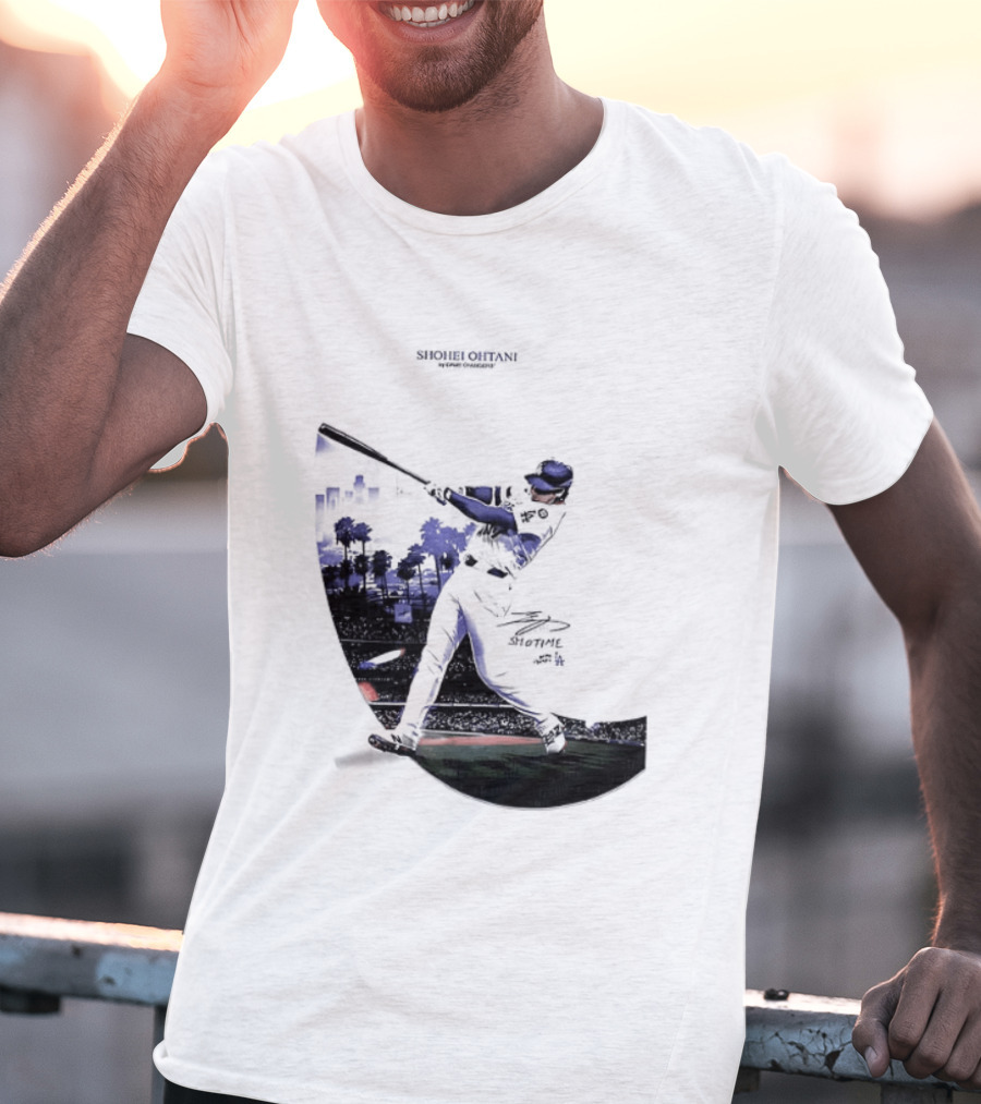 Shohei Ohtani 17 Los Angeles Angels MLB Slugger Swing Two Sided T-Shirt