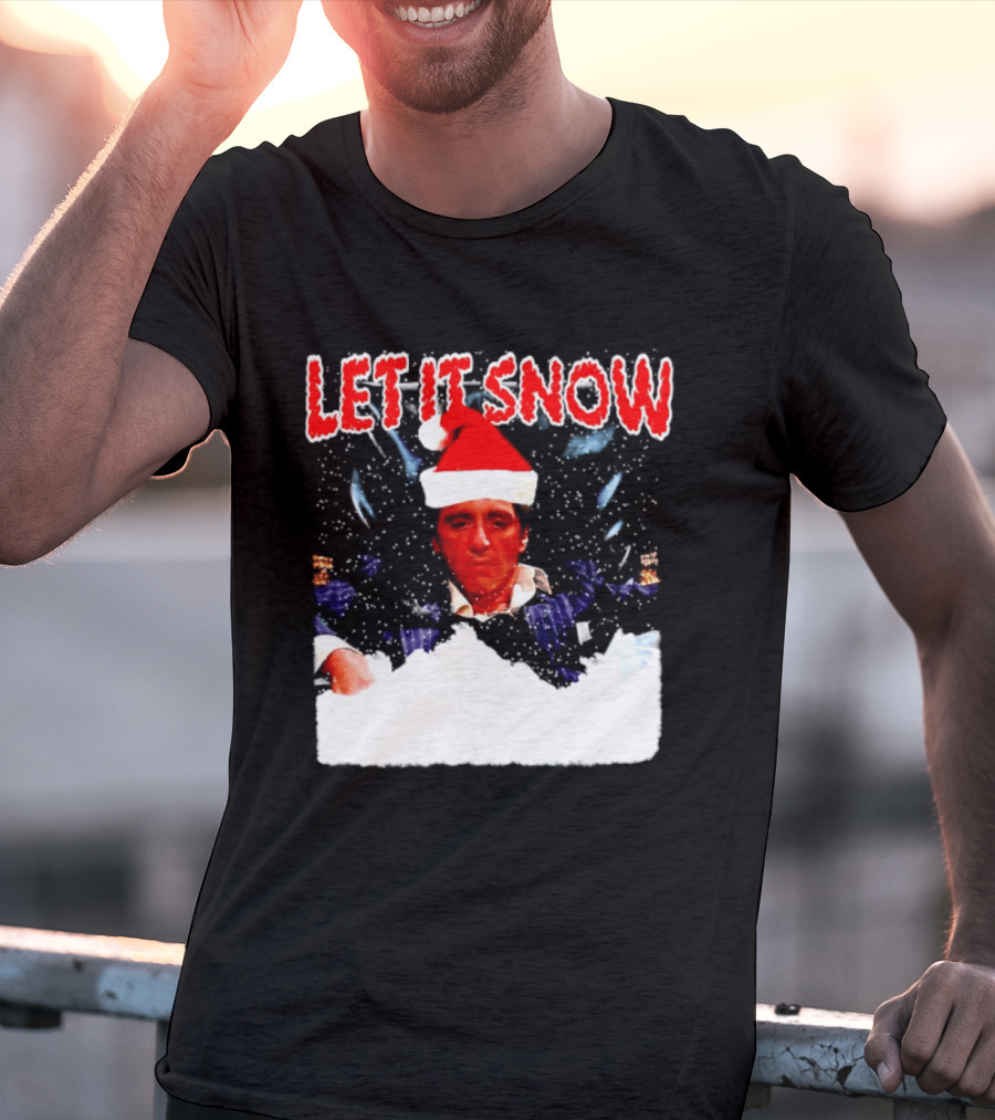 Let It Snow Al Pacino Scarface Tony Montana Snowflakes Santa Hat T-Shirt