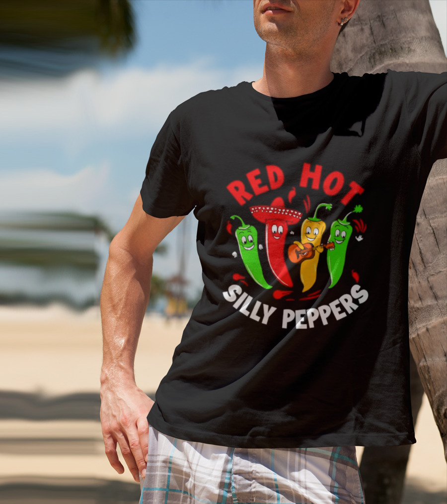 Red Hot Silly Peppers Band With Colorful Chili Cartoon Characters Playing Guitar T-Shirt