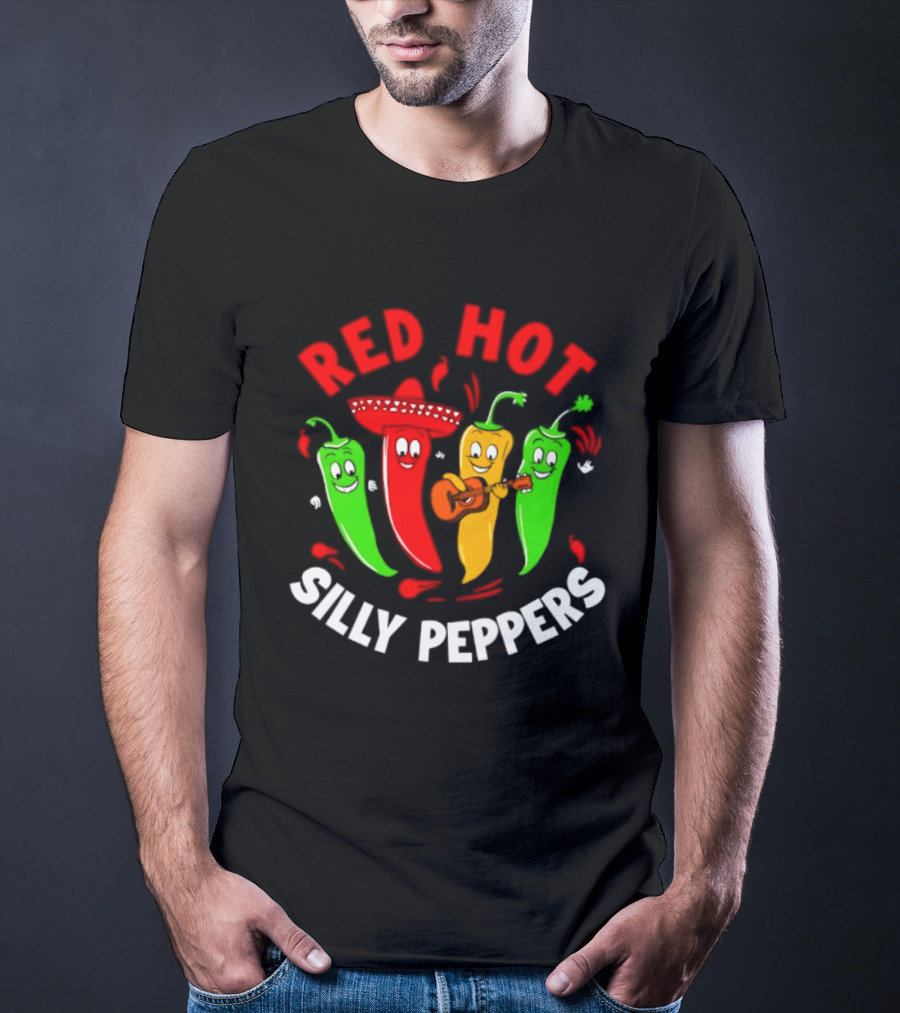 Red Hot Silly Peppers Band With Colorful Chili Cartoon Characters Playing Guitar T-Shirt