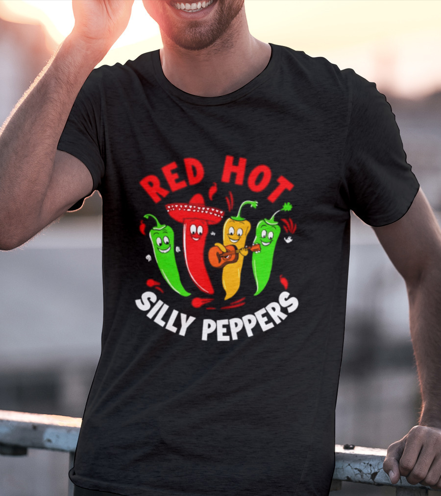 Red Hot Silly Peppers Band With Colorful Chili Cartoon Characters Playing Guitar T-Shirt