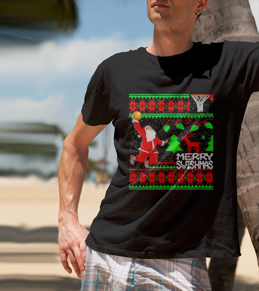 Santa Claus Dunking Basketball Ugly Christmas Sweater Merry Swishmas T-Shirt