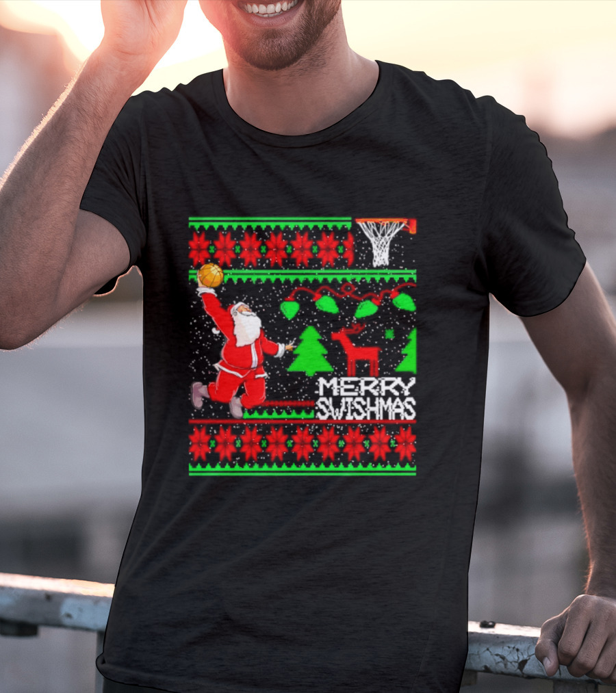 Santa Claus Dunking Basketball Ugly Christmas Sweater Merry Swishmas T-Shirt
