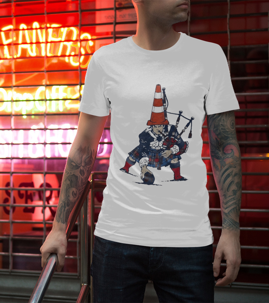 Bagpipes Player With Traffic Cone Hat Scottish Kilt Outfit T-Shirt