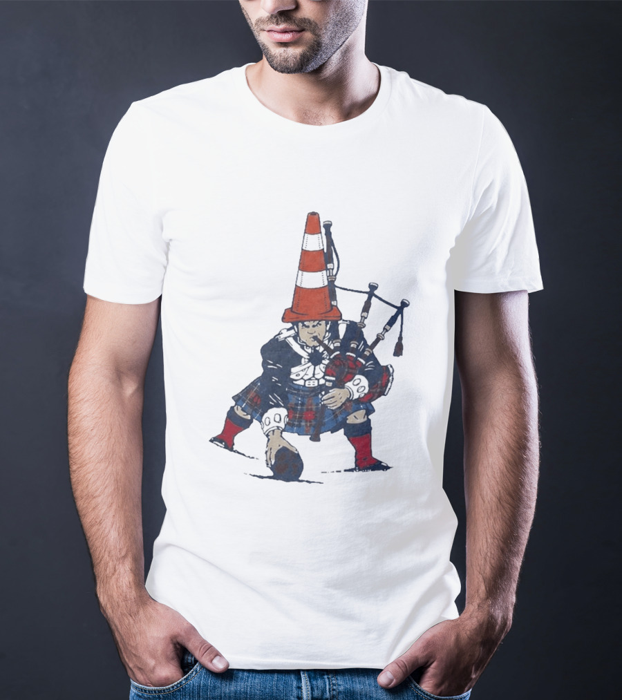 Bagpipes Player With Traffic Cone Hat Scottish Kilt Outfit T-Shirt