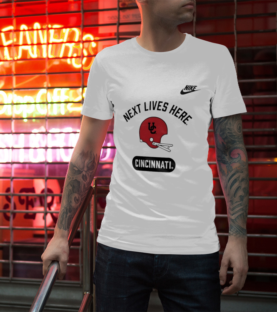 Next Lives Here Cincinnati UC Football Helmet Nike T-Shirt