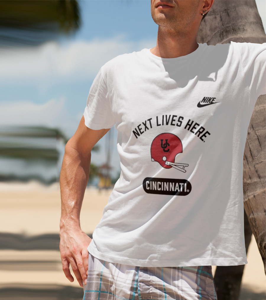 Next Lives Here Cincinnati UC Football Helmet Nike T-Shirt