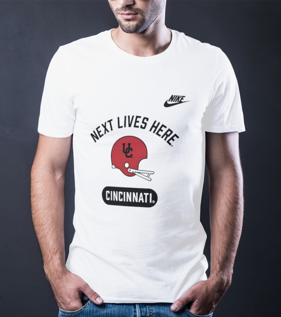 Next Lives Here Cincinnati UC Football Helmet Nike T-Shirt
