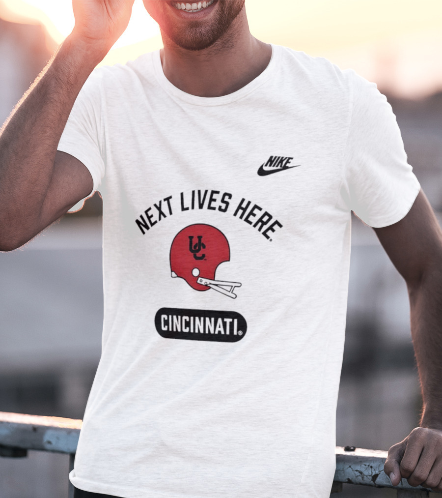 Next Lives Here Cincinnati UC Football Helmet Nike T-Shirt