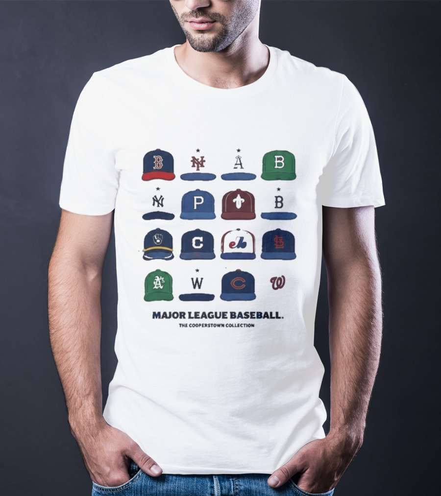 Major League Baseball Cooperstown Collection Cap Collage Featuring Historic Team Logos T-Shirt