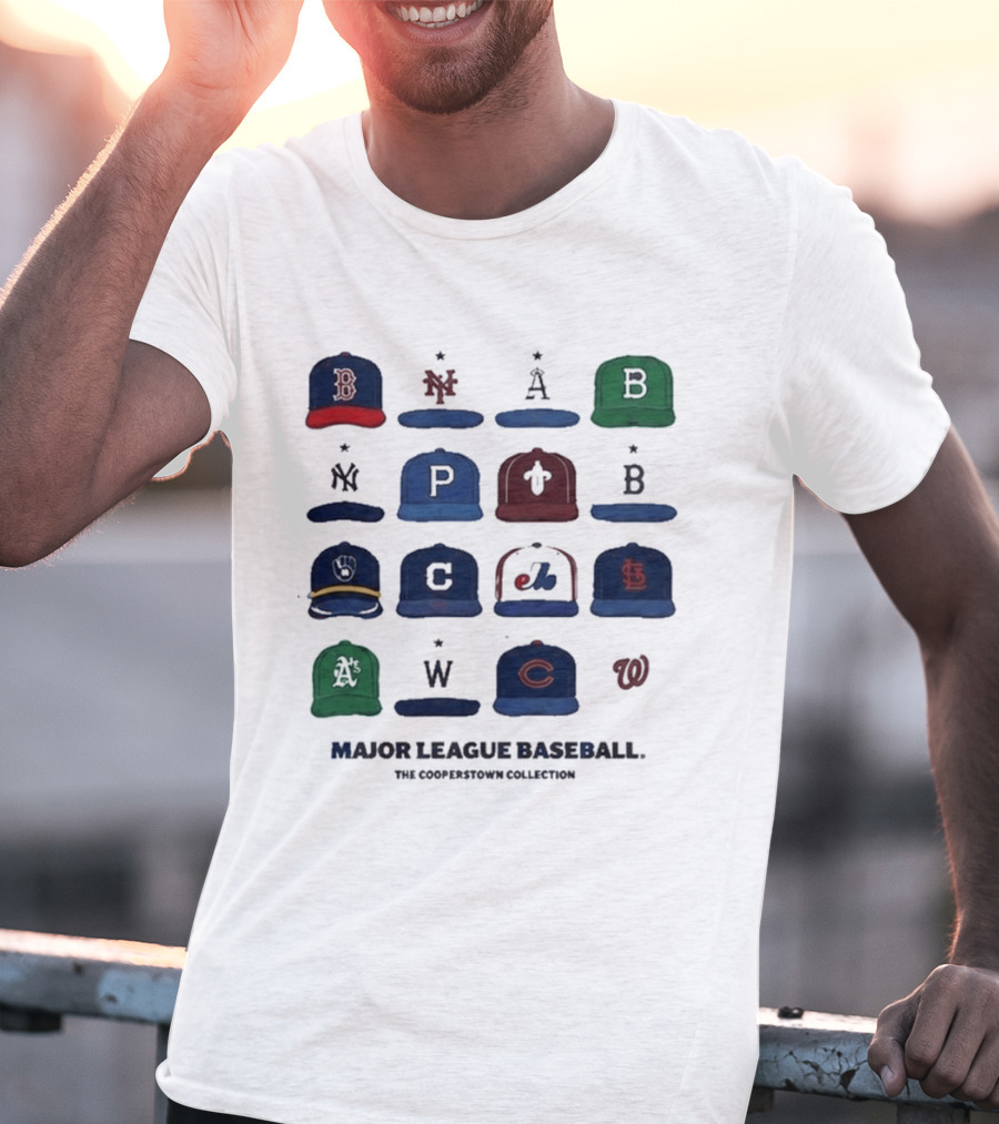 Major League Baseball Cooperstown Collection Cap Collage Featuring Historic Team Logos T-Shirt