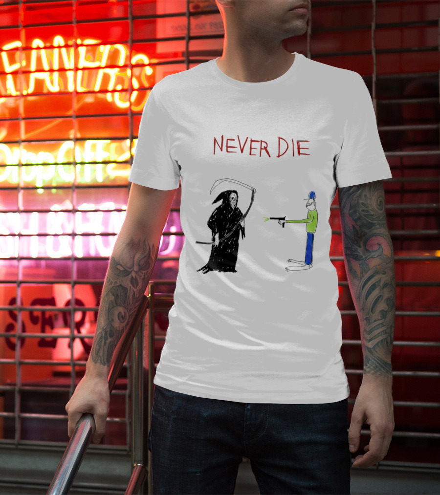 Never Die Grim Reaper Confronts Armed Man Drawing T-Shirt