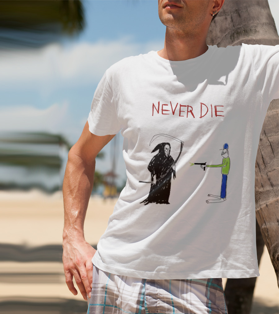Never Die Grim Reaper Confronts Armed Man Drawing T-Shirt