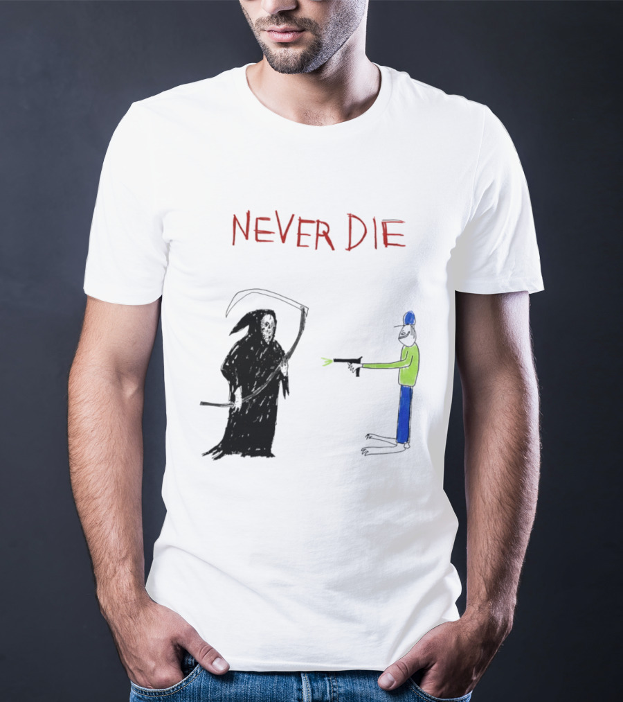 Never Die Grim Reaper Confronts Armed Man Drawing T-Shirt