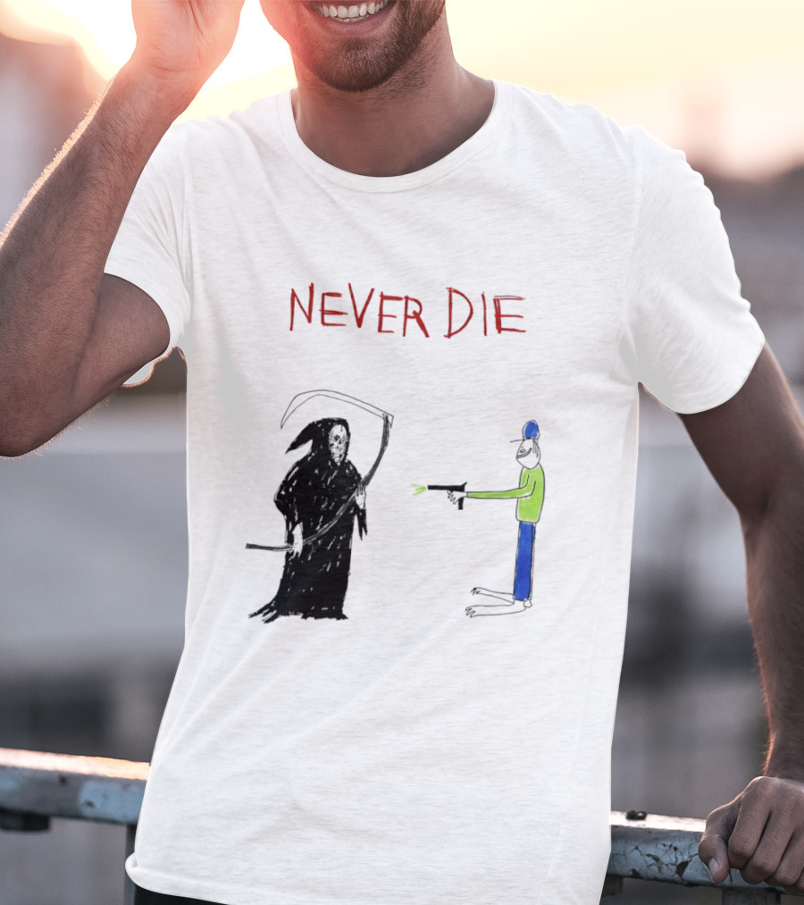 Never Die Grim Reaper Confronts Armed Man Drawing T-Shirt