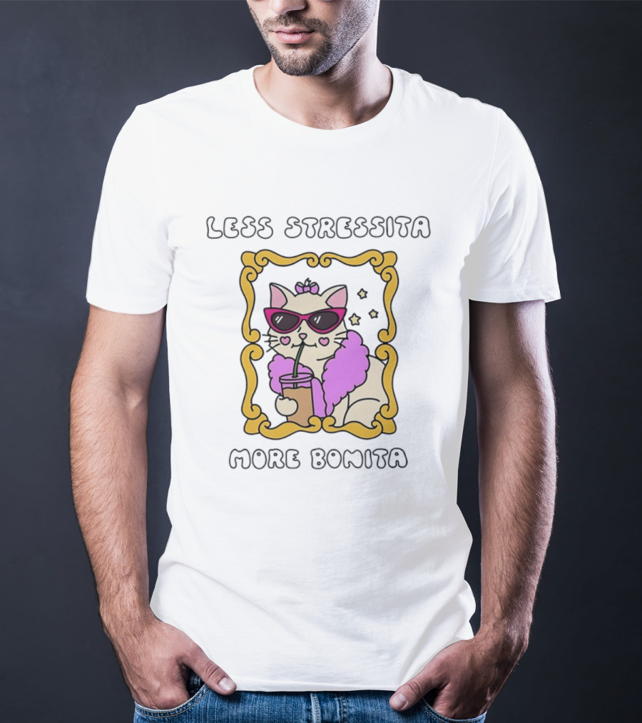 Less Stressita More Bonita Cat With Sunglasses And Drink Framed In Yellow Border T-Shirt