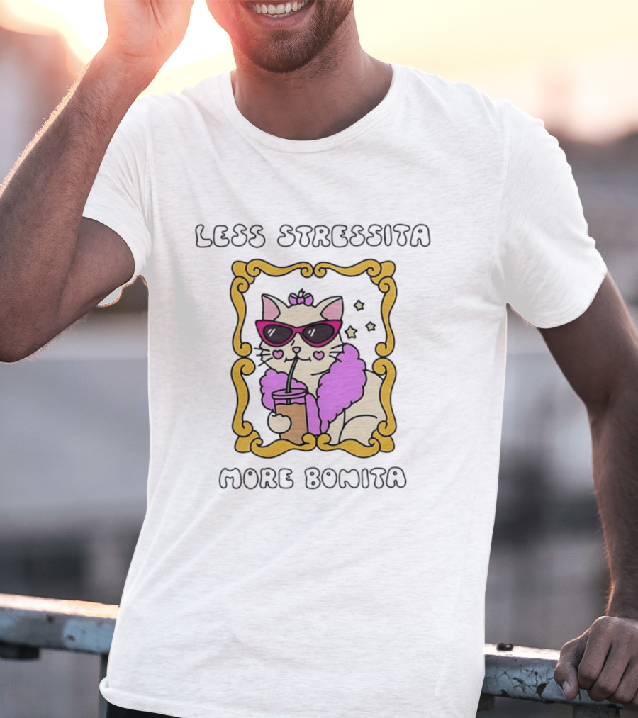 Less Stressita More Bonita Cat With Sunglasses And Drink Framed In Yellow Border T-Shirt