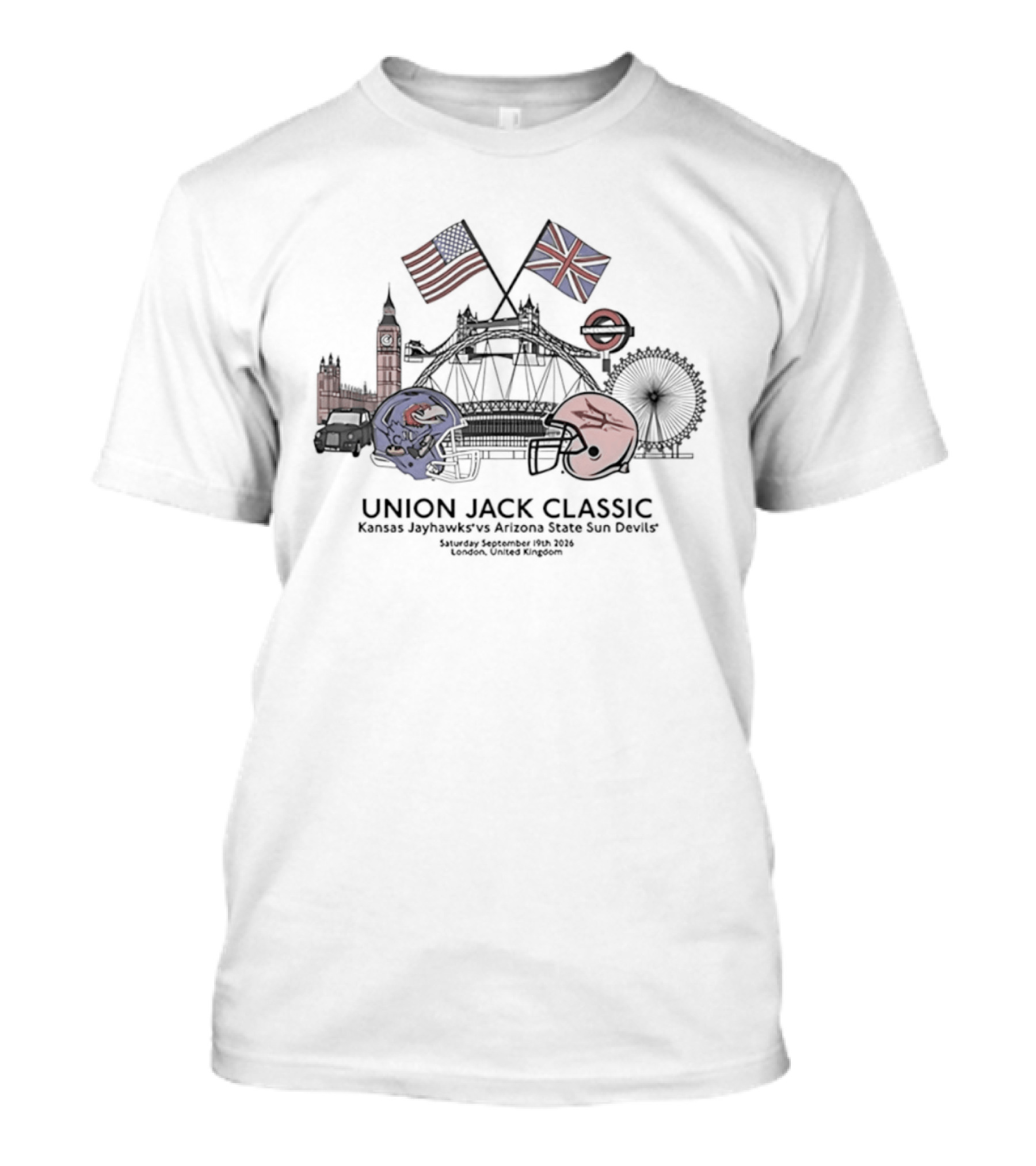 Union Jack Classic Kansas Jayhawks Vs Arizona State Sun Devils London 2026 Football Helmets Big Ben London Eye Stadium T-Shirt