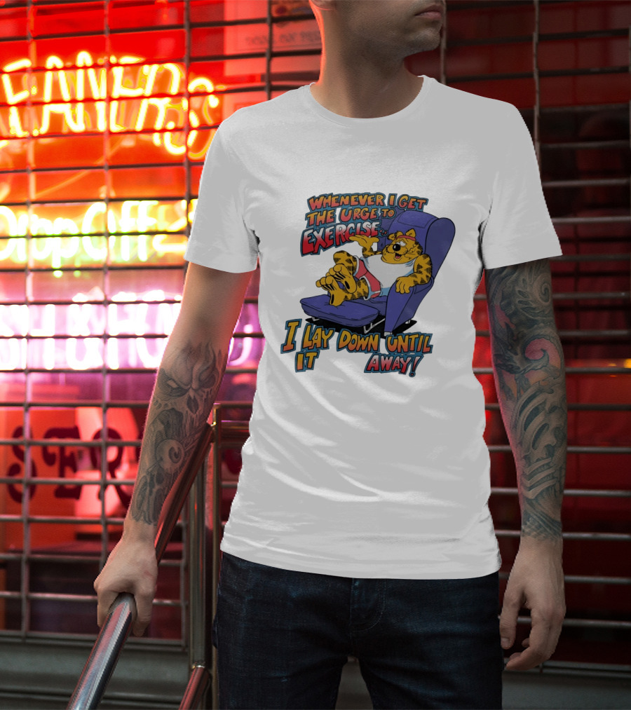 Whenever I Get The Urge To Exercise Cartoon Cat Lounging Until It Goes Away T-Shirt