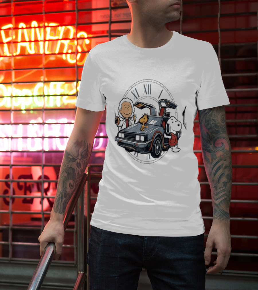 Peanuts Characters With DeLorean Time Machine And T-Shirt