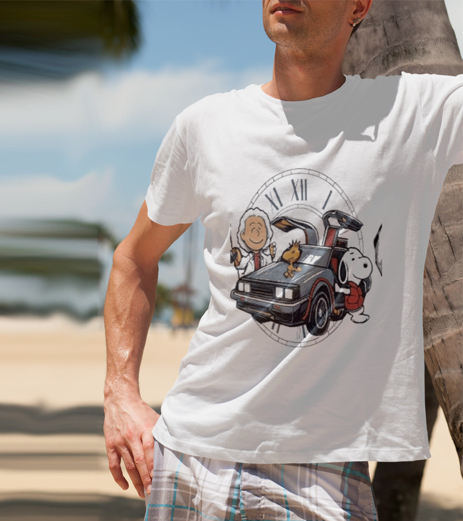 Peanuts Characters With DeLorean Time Machine And T-Shirt